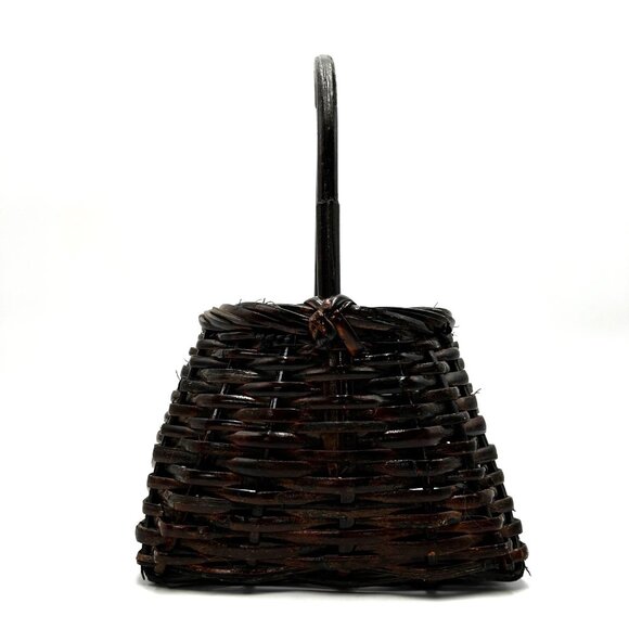 Moody VTG Woven Wicker Dark Brown Rattan Basket Sturdy Bamboo Handle Primitive - Picture 4 of 9